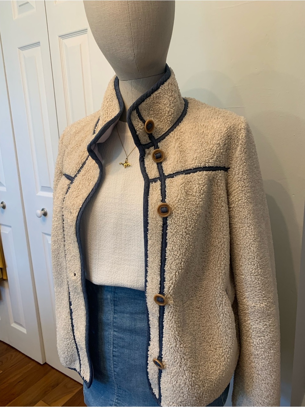 Anthropologie Faux Suede and Sherpa Jacket, Cream, Lavender with Navy Trim